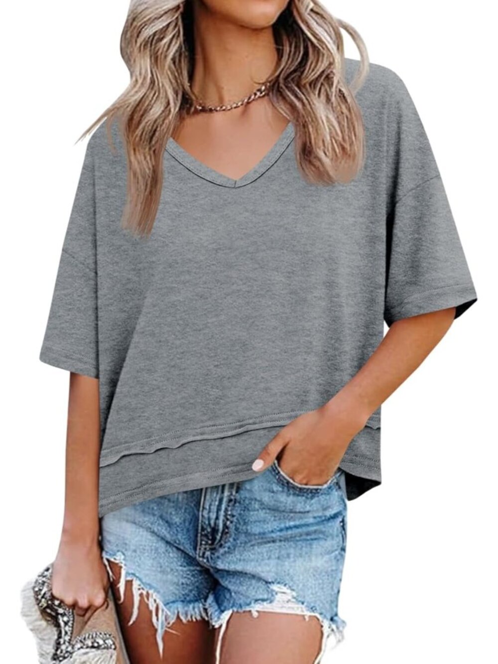 Women's Grey Summer V Neck T Shirts Casual Short Sleeve Tops Cute Loose
